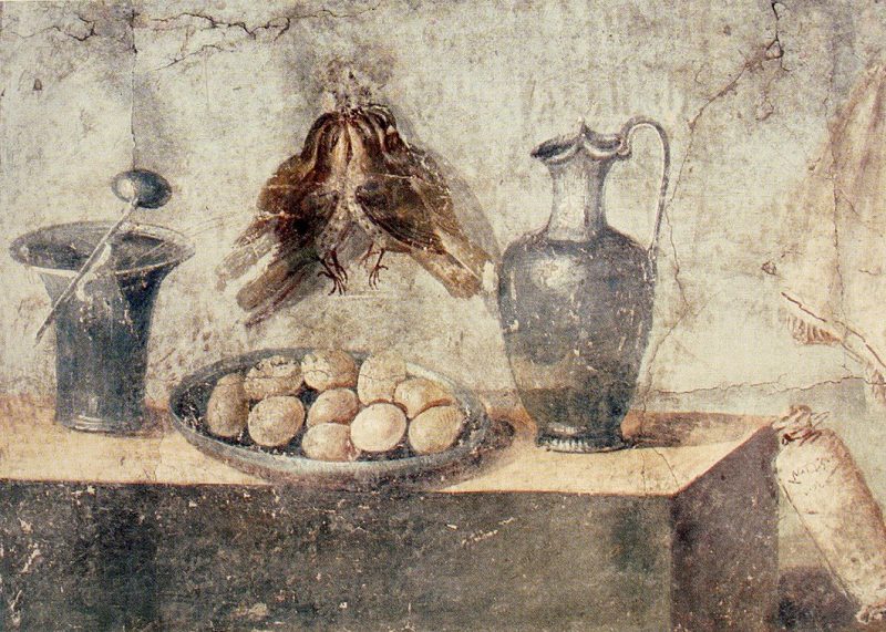 Still life with eggs, including a bird and several bronze dishes, mid-first century CE, mural from the house of Julia Felix in Pompeii