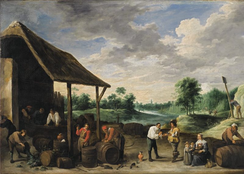 Oil painting from the 17th century, showing the contemporary practices of the wine harvest, including on the left side in the foreground the construction of barrels and one man transporting a lot of dark blue grapes in a chute.