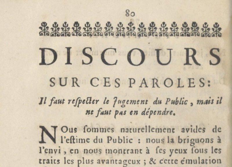 Seite der Jeux Floraux von 1734: „Man soll das öffentliche Urteil respektieren, aber nicht von ihm abhängig sein.“