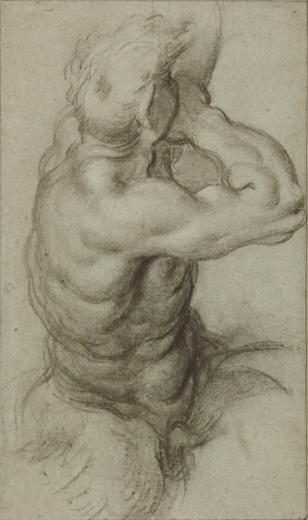 Annibale Carracci (Italian, 1560–1609), Triton Blowing a Conch Shell (recto), about 1600. Black and white chalk on faded blue paper, 40.6 x 24.1 cm. Los Angeles, The J. Paul Getty Museum, inv. 84.GB.48 © public domain