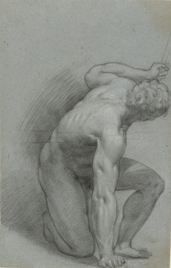 Agostino Carracci (Italian, 1557–1602), Kneeling Figure (recto), about 1582–85. Black and white chalk on blue paper, 42.1 x 26.8 cm. Los Angeles, The J. Paul Getty Museum, inv. 91.GB.68 © public domain