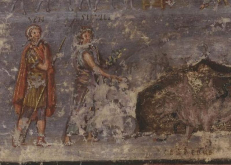Aeneas und Sibylle sind bei Cerberus mit dem Goldenen Zweig. Miniatur aus der um 400 entstandenen Handschrift "Vergilius Vaticanus" aus der Biblioteca Apostolica Vaticana.
