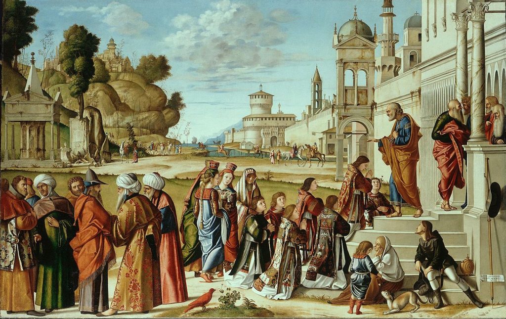 Das Gemälde von Vittore Carpaccio zeigt die Weihe des heiligen Stephanus zum Diakon. Er kniet in einer Dalmatika gekleidet auf einer Treppenstufe und empfängt den Segen von Petrus. Die Szene ist ein weitläufiges Stadtprospekt eingefügt, das von zahlreichen Figuren – etwa einer Gruppe von Orientalen am linken Bildrand, einer Gruppe von Frauen in dalmatischer Tracht am Fuße der Treppe, sowie weiteren Diakonen – belebt wird.