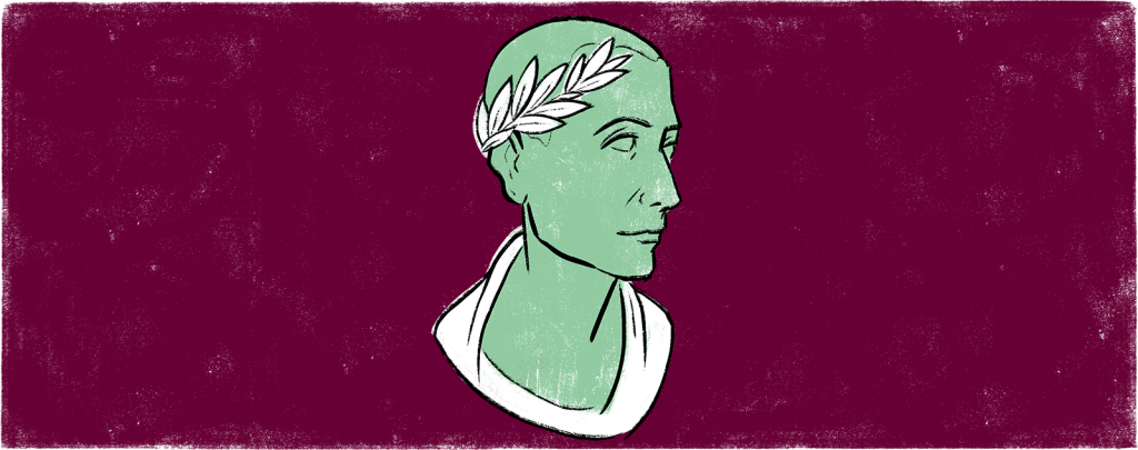 Illustration der Büste des Grünen Caesar vor rotem Hintergrund mit weißem Lorbeerkranz