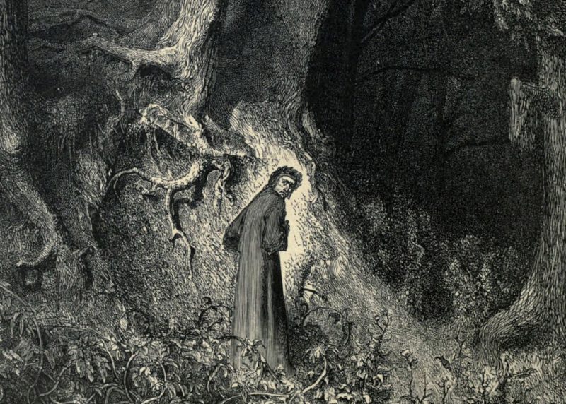 Eine männlich gelesene Figur im langen Gewand steht in einem dunklen, verwachsenen Wald und dreht sich zu den Betrachtenden