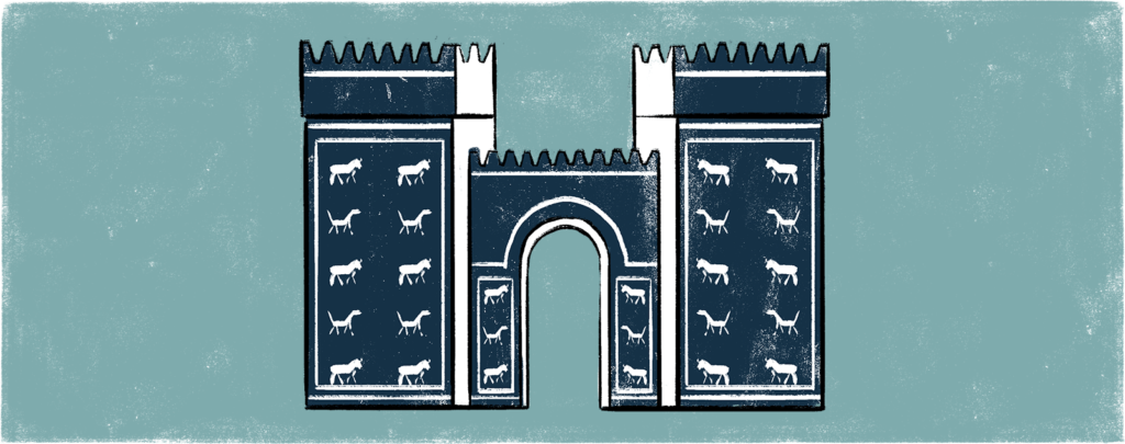 Illustration des Ischtar-Tors vor einem blauen Hintergrund. Illustration: Martina Hoffmann