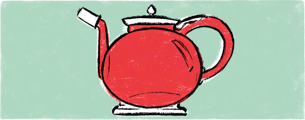 Illustration einer roten Teekanne mit Schmuckelementen an Tülle, Deckel und Fuß auf grünem Grund. Gestaltung: Martina Hoffmann