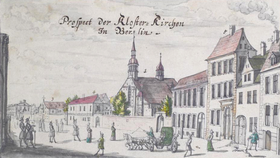 Farbiges Aquarell der Klosterkirche in Berlin mit Straßenszene von Johann Stridbeck aus dem Jahr 1690.